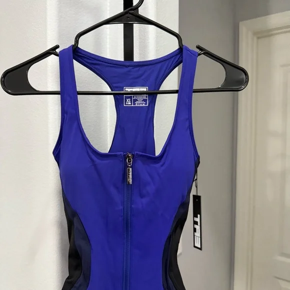 TA3 Scoopy Seamed Zip Sculpting One Piece NWT XS XLong Contour Blue Black - Picture 3 of 15